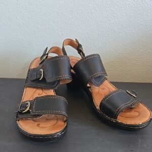 Born Women's Black Leather Wedge Block Heel Sandals Size 11